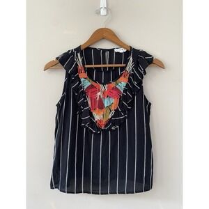 THML Sleeveless Top Womens XS Black White Striped Colorful Embroidered‎ Keyhole